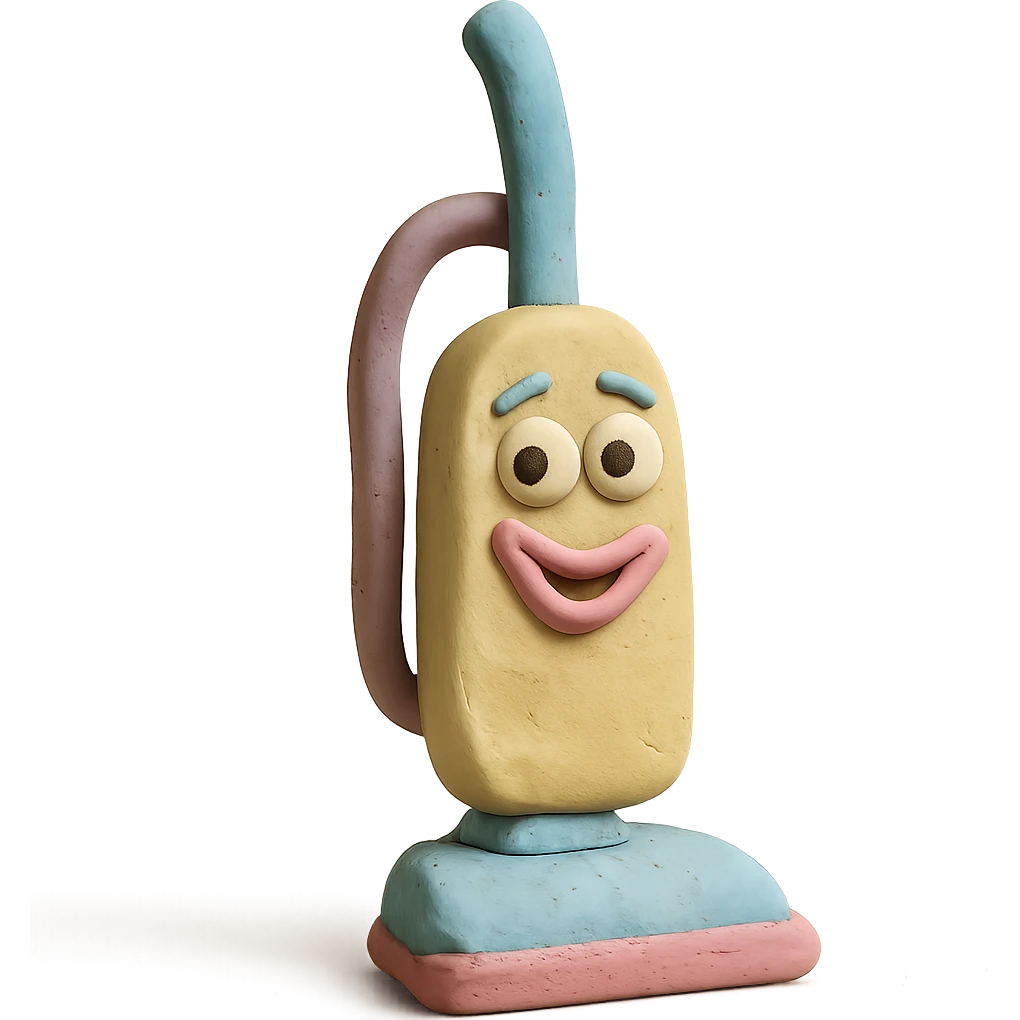 upright vacuum with playful expression in claymation style with pastel colors emoji