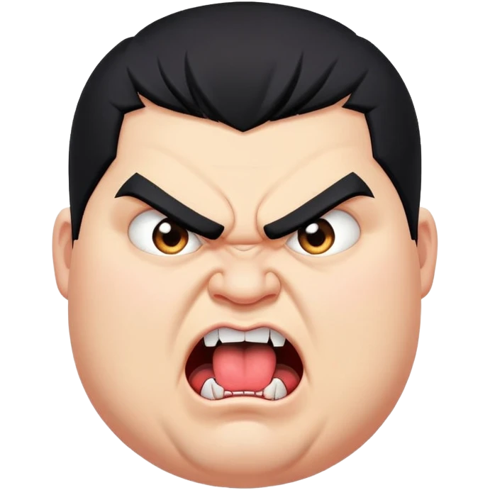 chubby young angry man in profile view with black hair, sharp fangs, crossed eyes, exaggerated long tongue sticking out emoji
