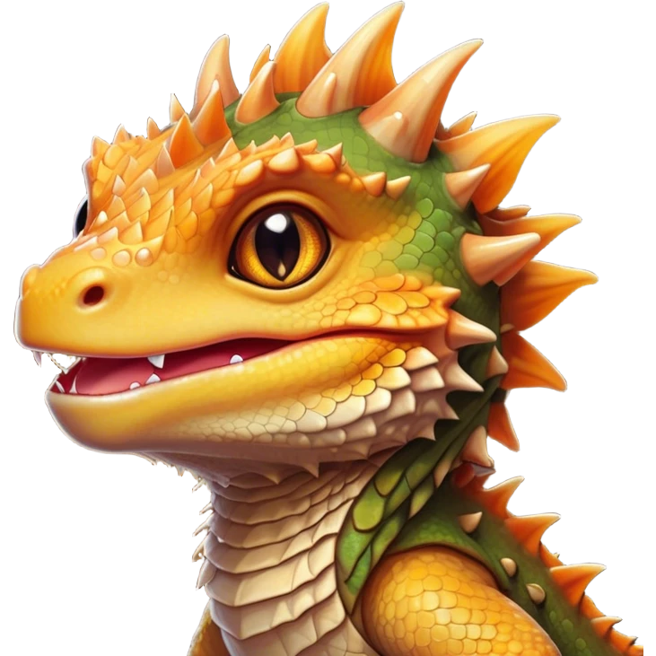 Cinematic Cute Bearded Dragon Portrait Emoji, Head tilted playfully and inquisitively, featuring a glossy, scaled hide in warm olive hues with an adorably scrunched spiky beard and round, sparkling eyes full of curious mischief, Simplified yet irresistibly adorable features, highly detailed, glowing with a warm, friendly glow, high shine, affectionate and lively, stylized with a touch of rugged whimsy, bright and endearing, soft glowing outline, capturing the essence of a mischievous yet loving dragon, so playful it feels like it could scamper out of the screen into your arms! emoji