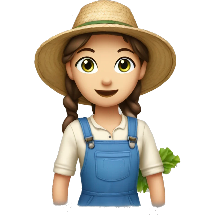 farmer girl, blue eyes, dark nbrown hair, with a straw hat, ponytail, holding greens emoji