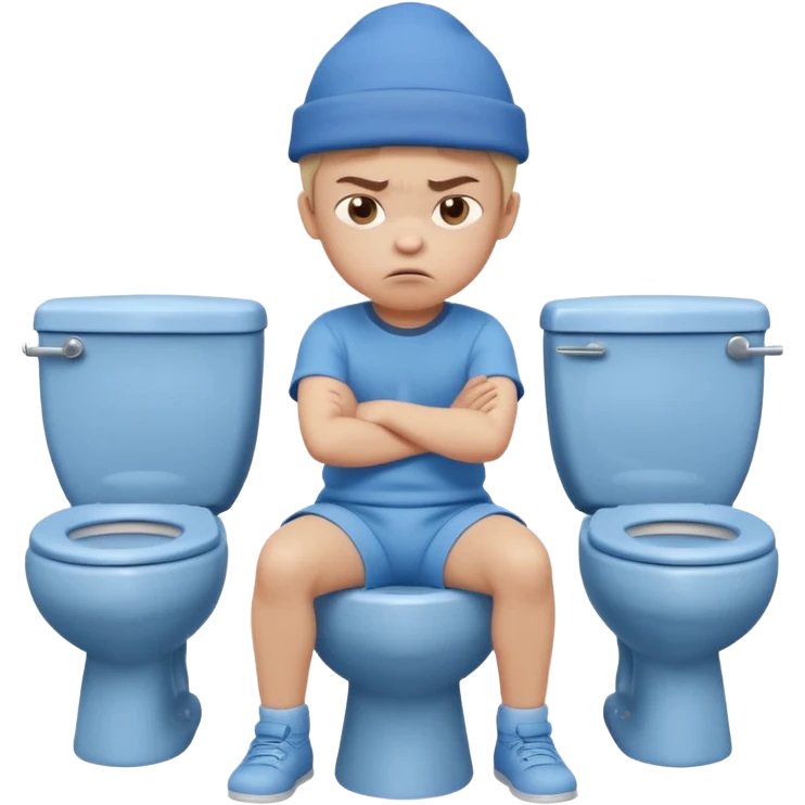 3D cartoon child with a slightly different face, wearing the same style blue hat and blue outfit, sitting on a toilet, angry expression, arms crossed, pastel children’s animation style." emoji