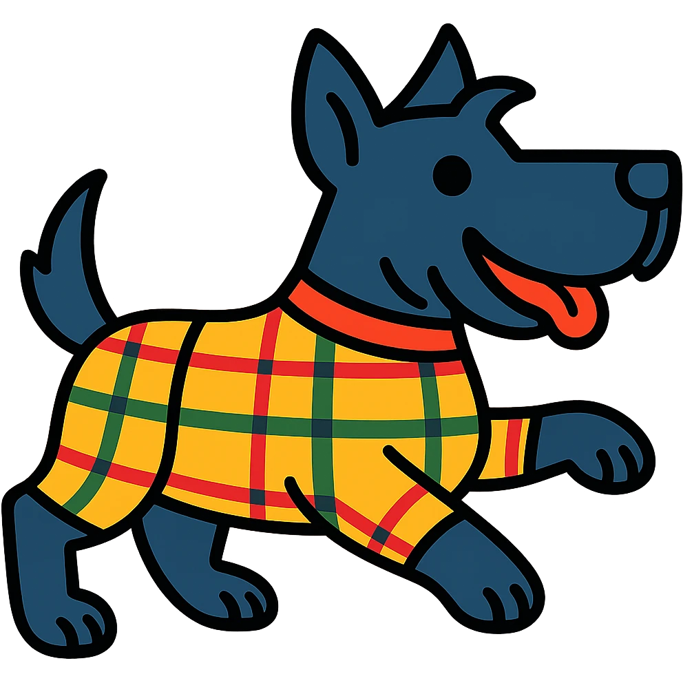 Change the tartan colorway of Scotty the Scottish Terrier mascot to a different tartan pattern, keep the energetic pose and modern icon style, no background. emoji