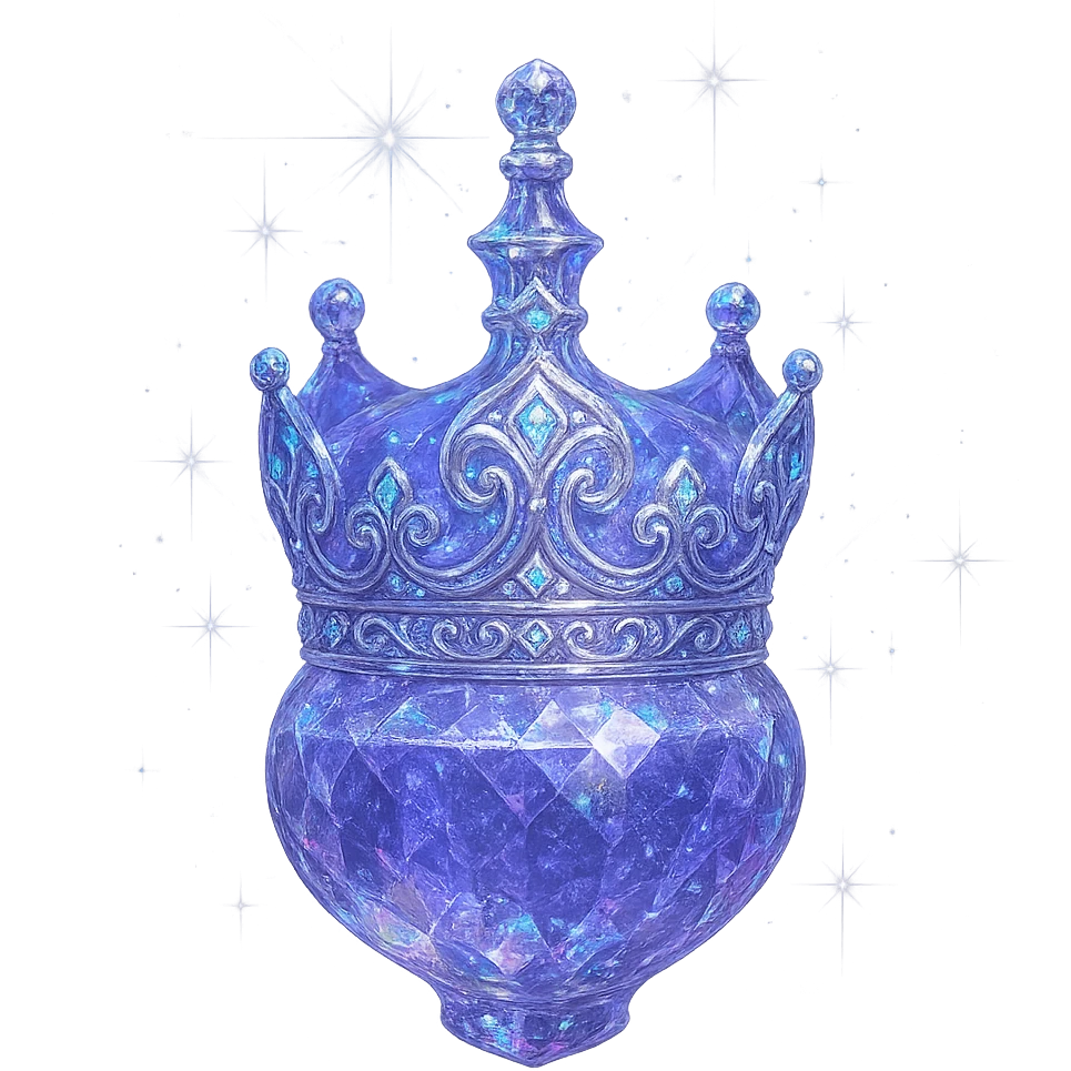 išskirtinai prabangus eliksyro buteliukas, karūnėlės forma, spalva #7986cb, daugiasluoksniai holografiniai ir sidabriniai ornamentai, kristalo tekstūra, daug magiškų švytėjimų ir žėrėjimo, šviesos spinduliai, labai mažas kaklelis, dailiai sujungta, vientisa, užapvalinta apačia (ne plokščia kaip stiklinės), skaidrus fonas, buteliukas aiškiai plūduriuoja ore, be pagrindo ar šešėlio, nestovi, modernus, kolekcijai tinkamas, ypatingai gražus emoji