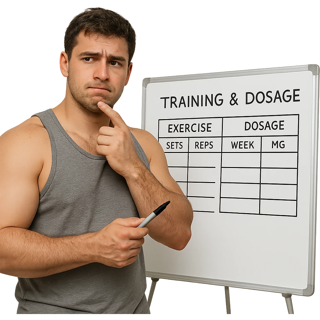 realistic young muscular inexperienced man standing in front of a whiteboard with a training and dosage chart, holding a pen, indecisive expression, muscles swollen but not sculpted, study atmosphere, isolated on white background emoji
