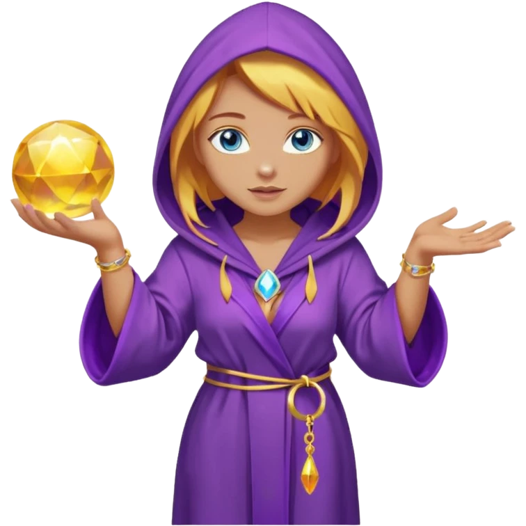 lightly tanned skin, blue eyes, cute and sexy girl with bright yellow-brown hair in a few shades of purple robe with hood, golden rings, slight cute makeup, full body, slightly turned aside pose, holding a magical ball (for future prediction) emoji