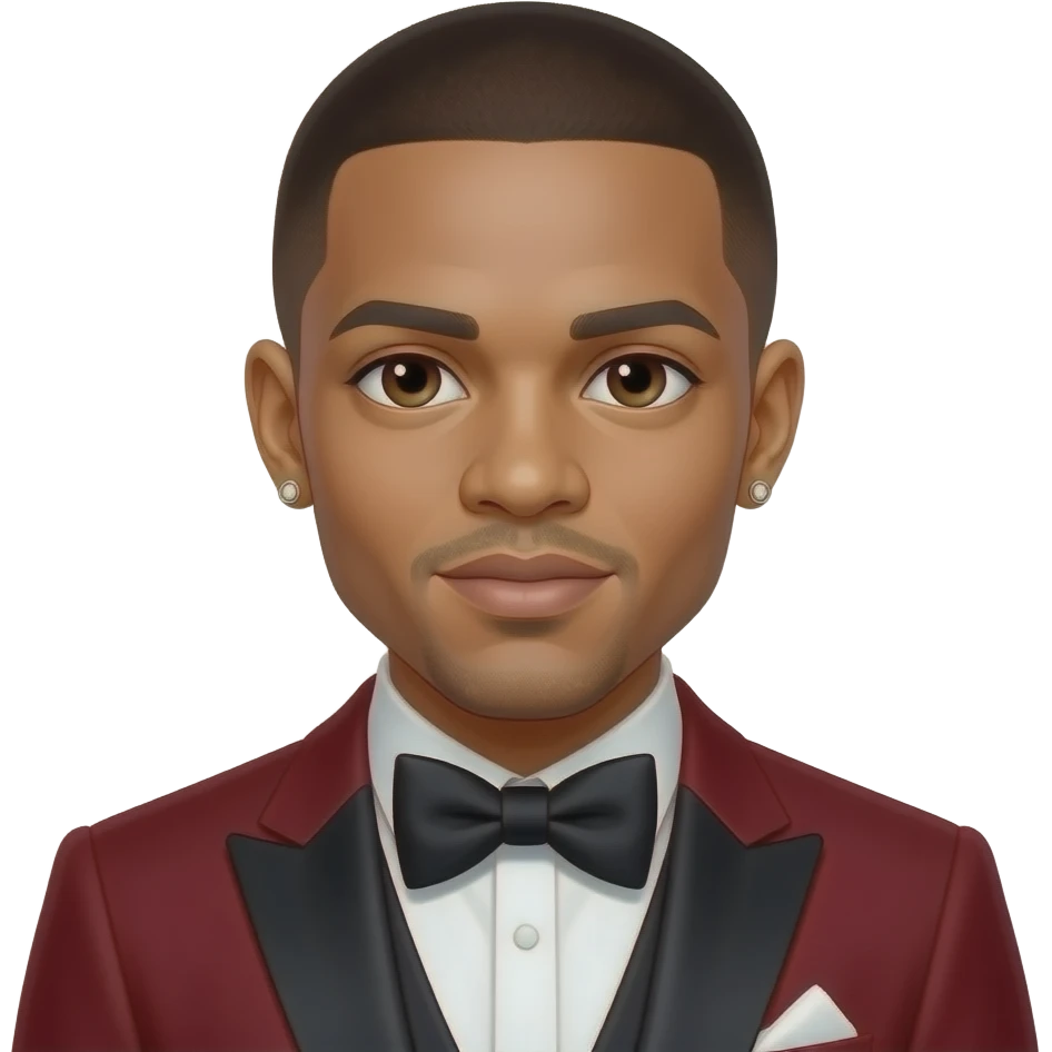 Chris Brown with dark brown eyes, dark brown buzz cut hair, dark red grammy suit with bow tie, earrings emoji