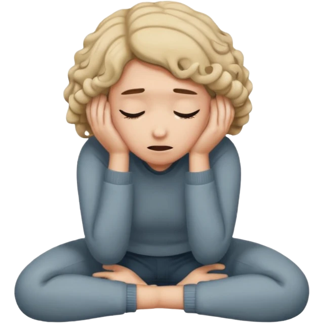 A person shaking back and forth with hands on head and knees curled up to chest area emoji