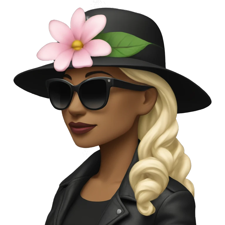  woman wearing a black hat adorned with a white flower and smaller decorative flowers. She is also wearing black sunglasses and a shiny pink jacket over a black top. She appears in a side profile pose , her head slightly tilted back. White skin emoji