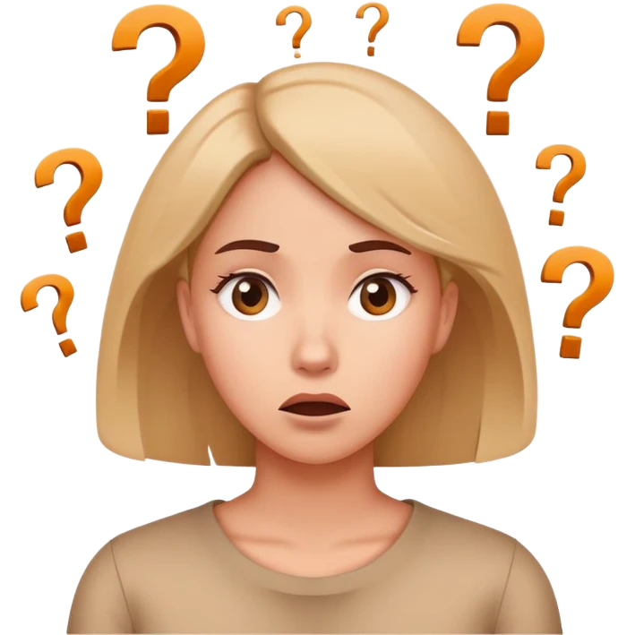 Confused woman with tilted head and question marks circling around her emoji