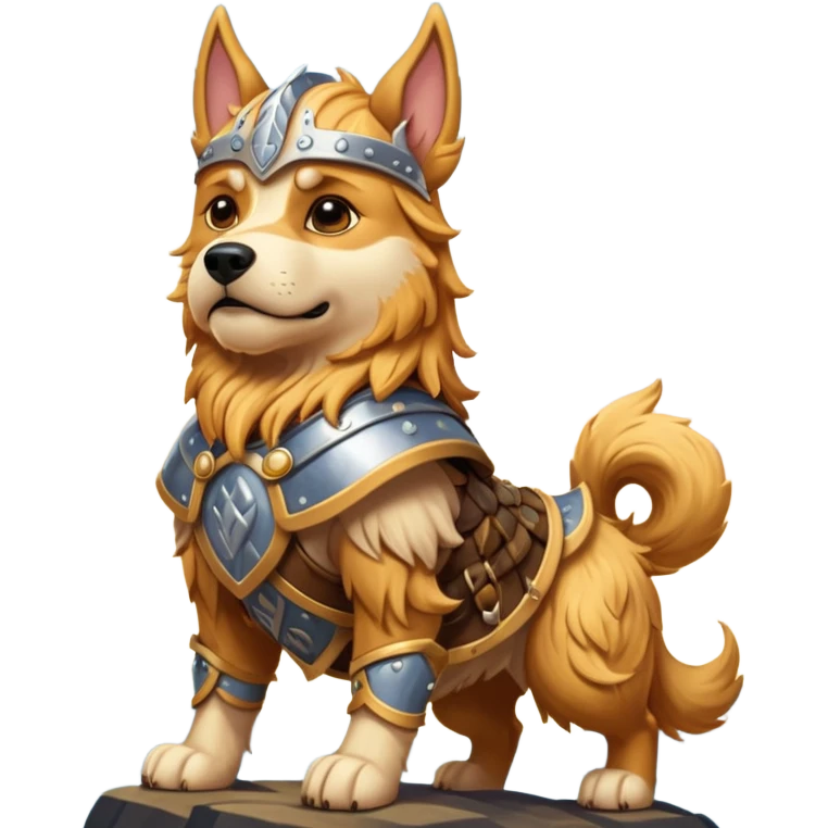 valorous Viking dog in Valhalla, detailed armor, heroic pose, glowing sky emoji