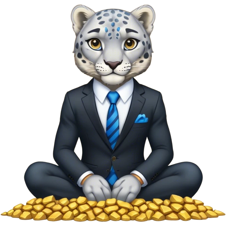 muscular snow leopard in black suit with blue tie sitting on pile of gold nuggets emoji