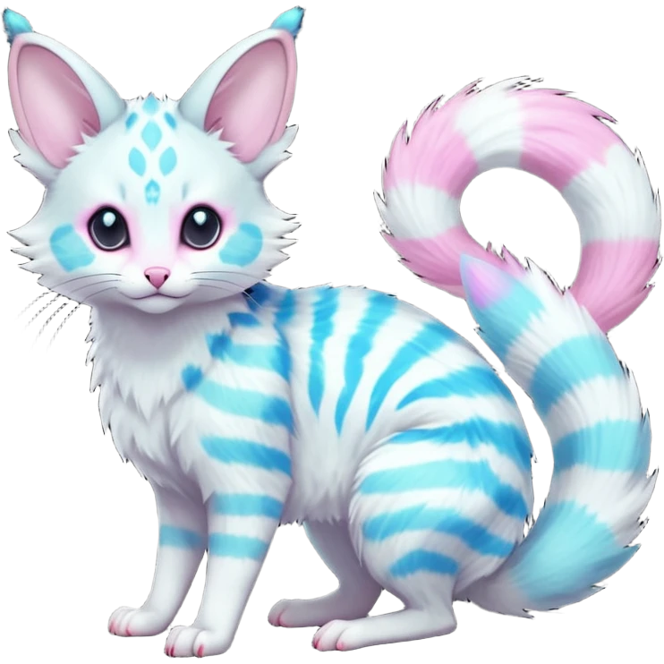  cute adorable whitish pastel fur with glowing random colorful neon-markings iridescent beautiful elegant pretty precious cute young youthful  Fakémon-Pokémon-alien-opossum-feline-serval-caracal-chinchilla-Minccino-hybrid-creature with a big fluffy bushy striped tail (full body) emoji