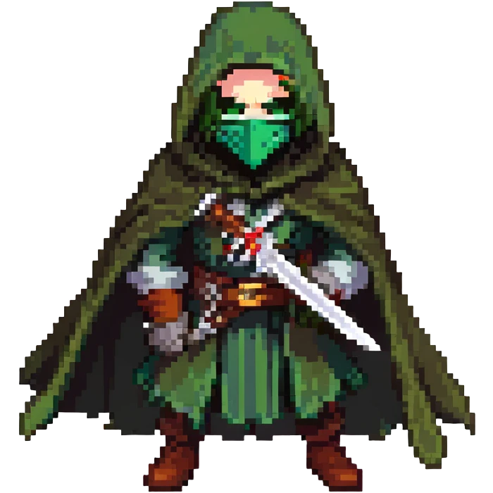 rogue character, green cloak, mask, crouched, holding a dagger emoji