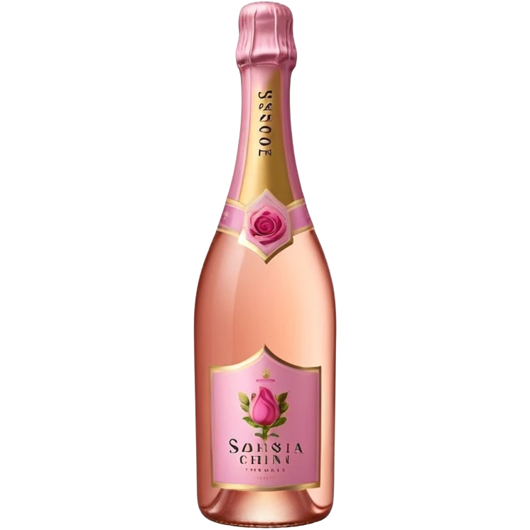 bottle of sparkling rosé with a rose logo on the label, tilted up and to the left, no glass emoji