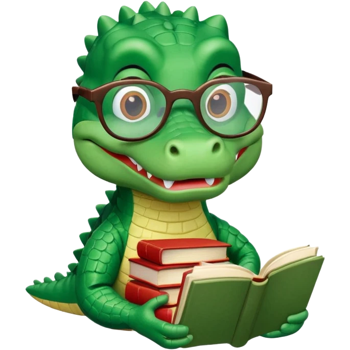 A claymation alligator with a book and glasses. The background is a solid white circle emoji