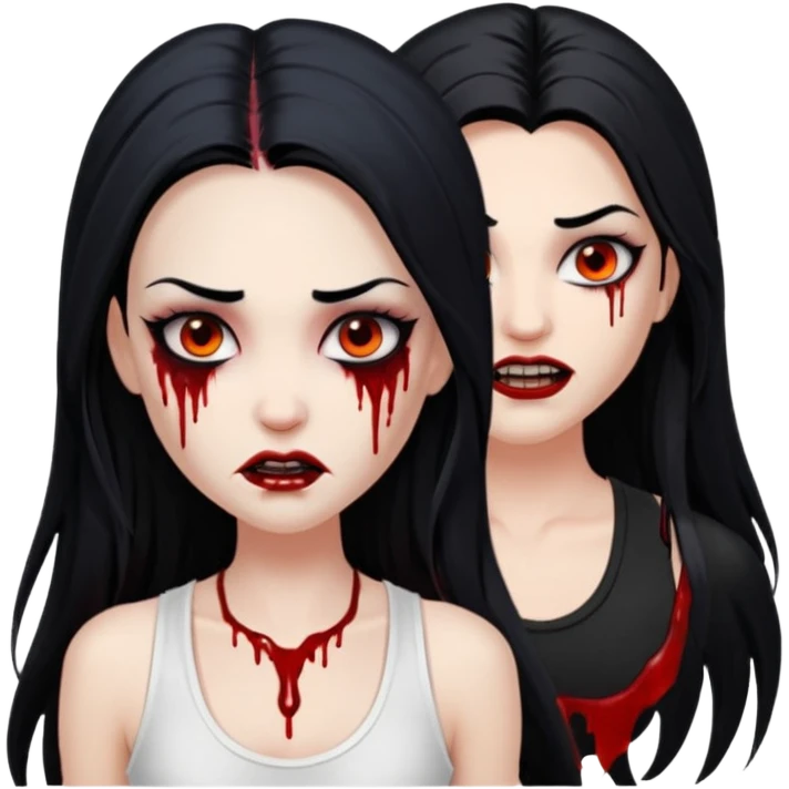 White woman with a white tank top long black hair glossy middle part long hair vamp look with fangs or blood dripping brown eyes eyeliner winged with lashes top and bottom emoji