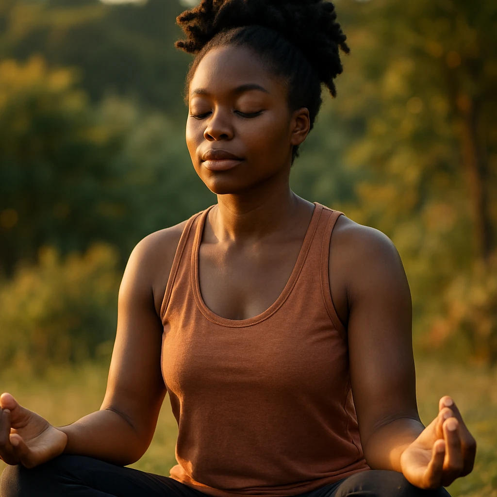 realistic style portrait of a black woman meditating, with a nature background and warm light emoji