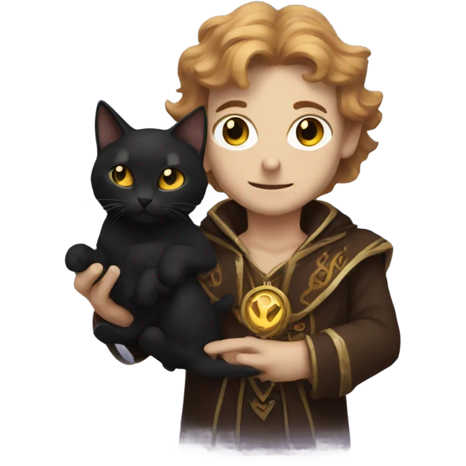 A sun warlock who is pale with brown hair and is holding a black kitten emoji