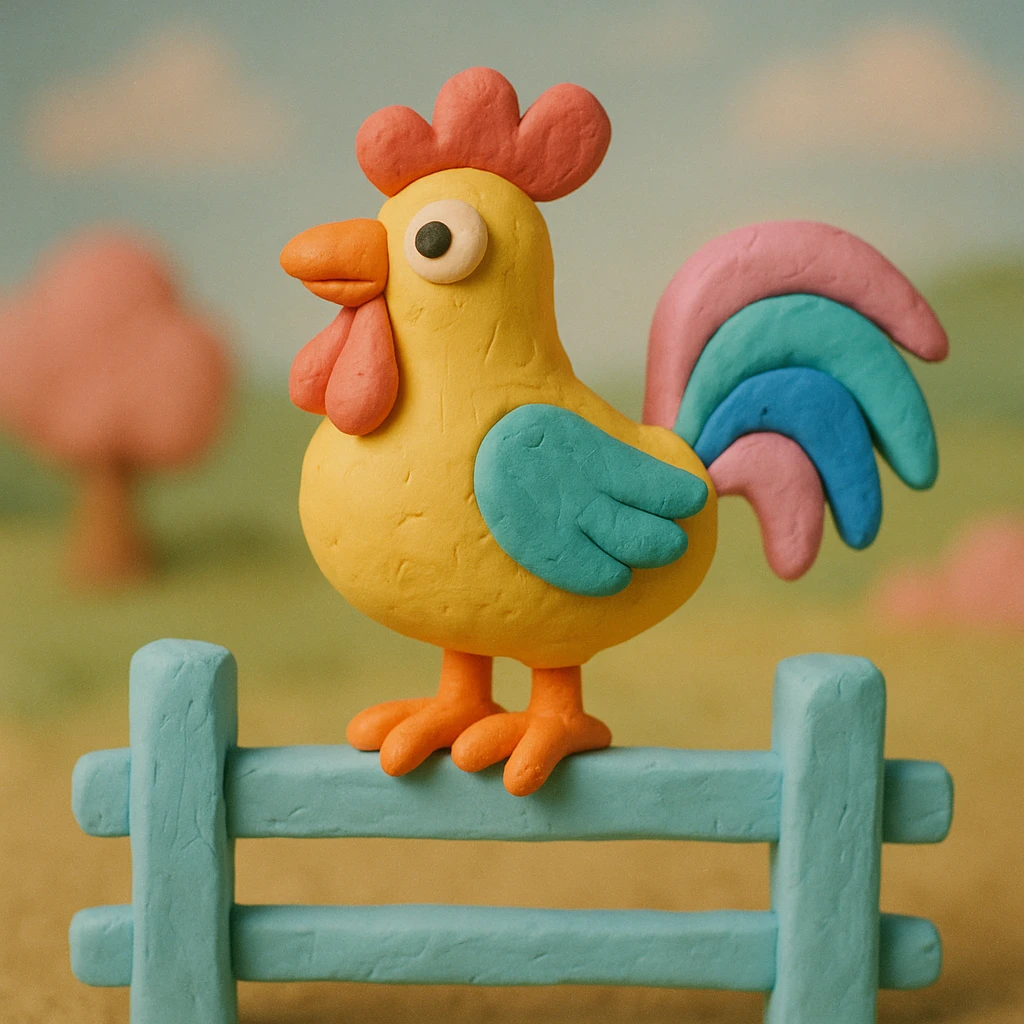rooster standing on a fence, pastel colors, visible fingerprints, playful and textured in claymation style emoji