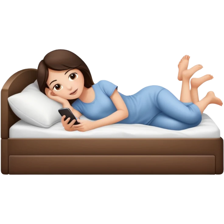 Brunette girl laying on white cozy bed on phone emoji