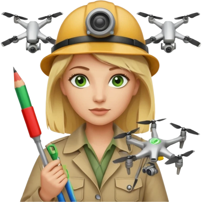 Arqueóloga rubia con ojos verdes, con un cinta métrica, lápiz, rasquetas y dron emoji