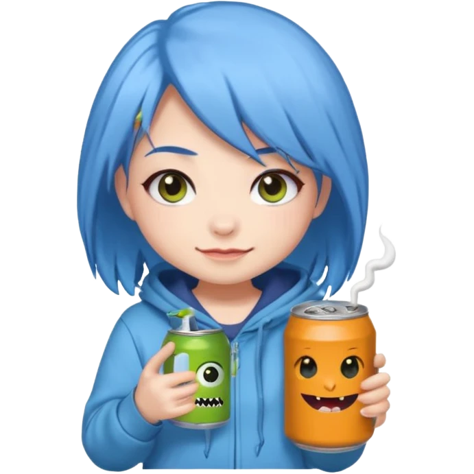 Chibi sticker of a woman with powder blue hair with white eyes hold a can of Monster with a smug smile; cozy style emoji
