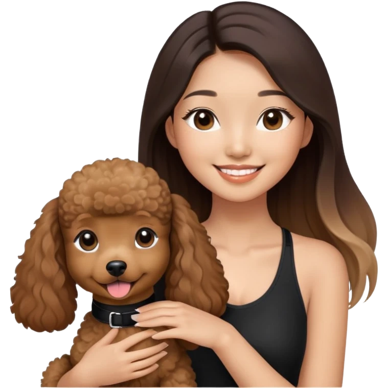 a asian girl with long straight balayage hair, long lashes, smiling, wearing black halterneck top, and holding a brown poodle emoji