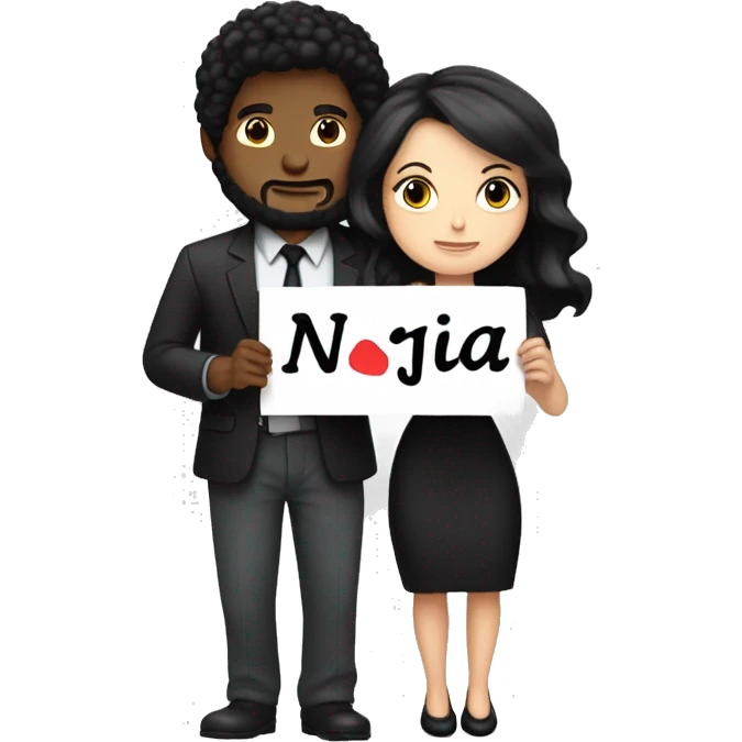 White woman with black hair and man with black hair huging holding sign Nafija i Jakov 4ever emoji