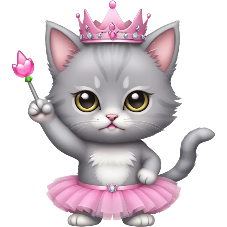 angry cute grey kitten in a pink tutu and tiara holding up their middle fing emoji