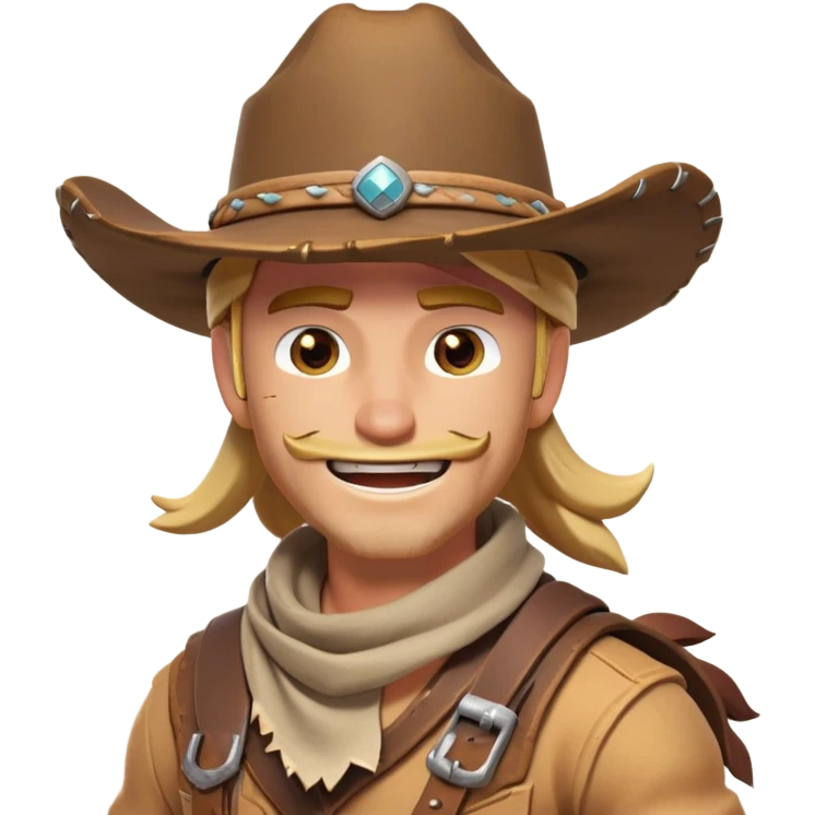 clash-of-clans-aesthetic_-cinematic-playful-cowboy-portrait-emoji, head-tilted with a roguish, cheeky grin and twinkling eyes, featuring a rugged, spirited build with a wide-brimmed cowboy hat and a weathered bandana on tan skin, riding a powerful galloping horse with dynamic flowing mane, reins gripped firmly in one hand and a lasso in the other, as dust swirls behind them in a vast desert landscape. emoji