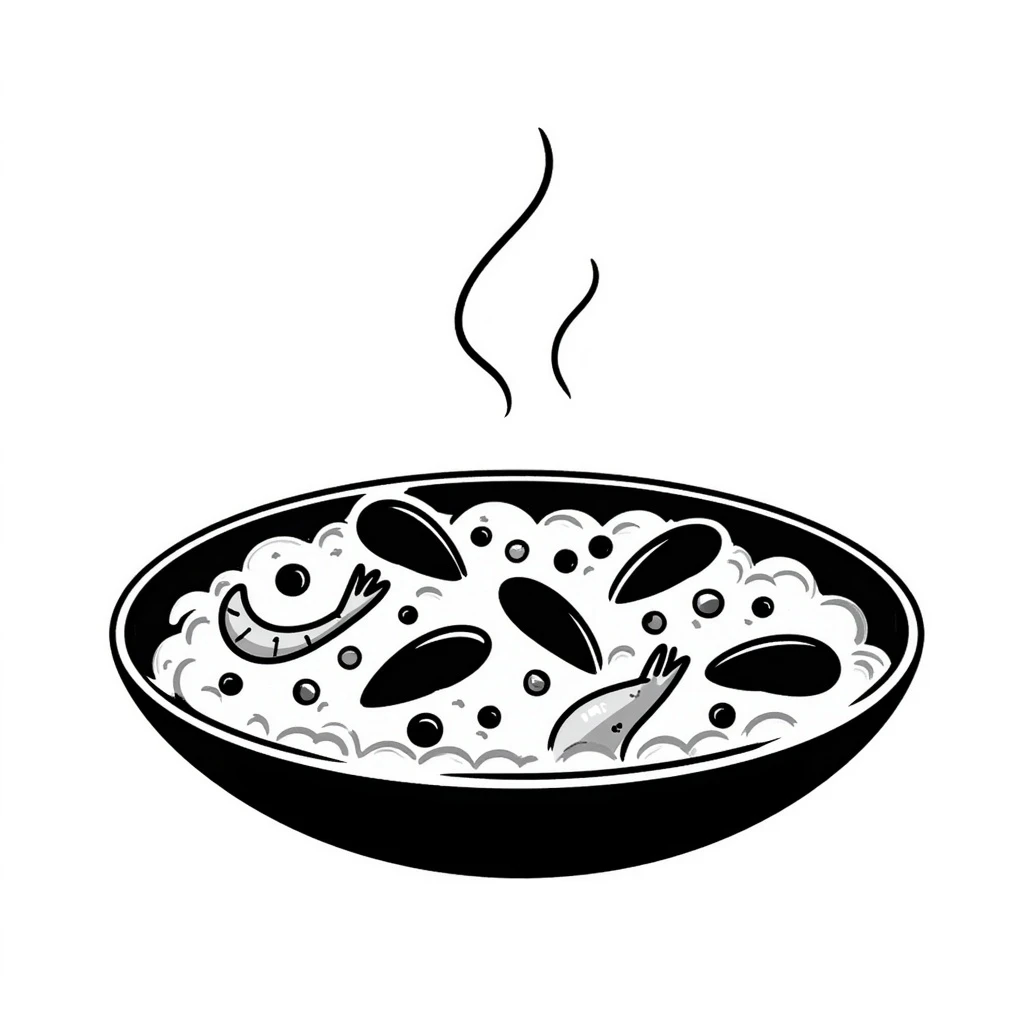 hand-drawn doodle style paella, simple lines, pan with rice and seafood emoji