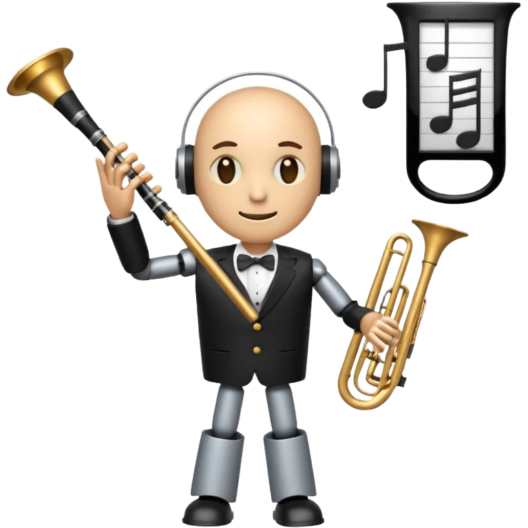 robot a sophisticated and elegant emoji that represents orchestration and arrangement. The design should feature a conductor’s baton, musical notes, and a symphonic score, symbolizing the process of arranging and orchestrating music. Incorporate instruments like a violin, trumpet, emoji