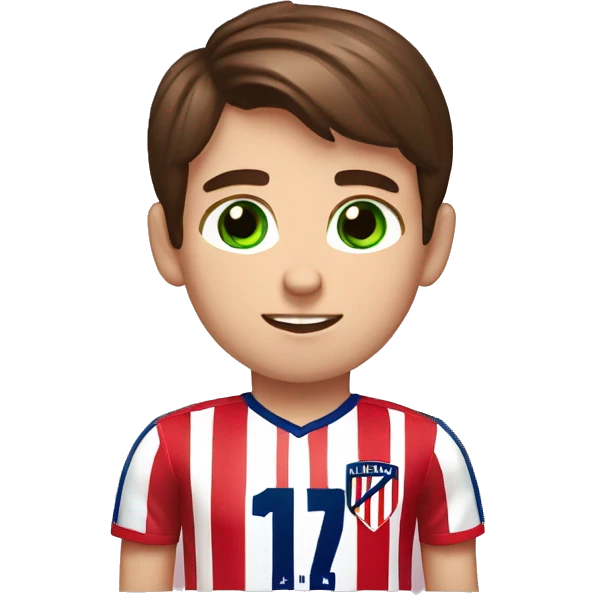 A boy with brown hair, green and blue eyes, and a atlético de Madrid Shirt emoji