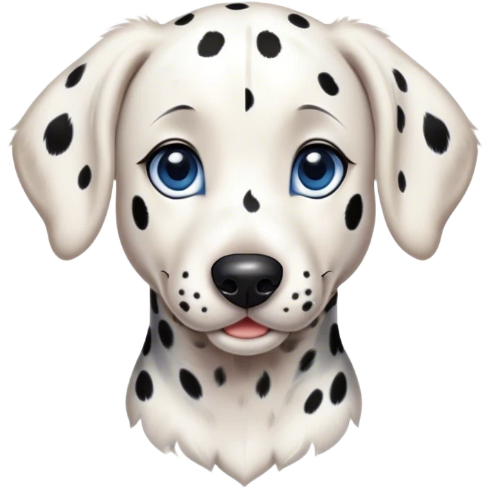 Cinematic Cute Spotted Dalmatian Portrait Emoji, Head tilted playfully and inquisitively, featuring a glossy Fur of predominantly white with dynamic black patches, round, sparkling blue eyes filled with gentle curiosity, Simplified yet irresistibly adorable features, highly detailed, glowing with a warm, friendly glow, high shine, affectionate and gentle, stylized with a touch of whimsy, bright and endearing, soft glowing outline, capturing the essence of a mischievous yet loving pup, so playful it feels like it could lumber out of the screen and into your arms! emoji