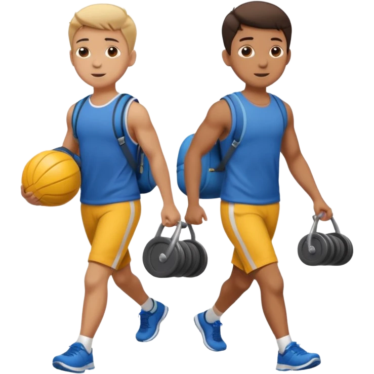 two boys walking, wearing gym clothes and carrying gym equipment, full body emoji