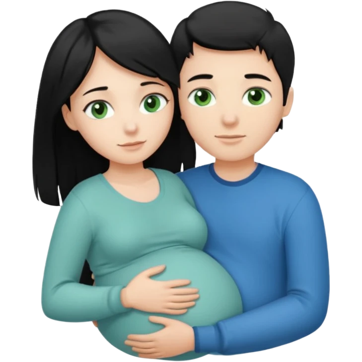 Make a couple hugging the girl is white with long black hair with blue eyes. The girl is hugging a boy with light brown short hair with green eyes. The boz is pregnant  emoji