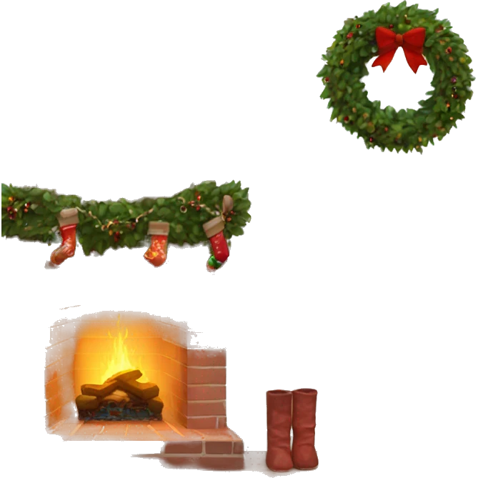 Brick Fireplace with wreath and Christmas lights and stockings emoji