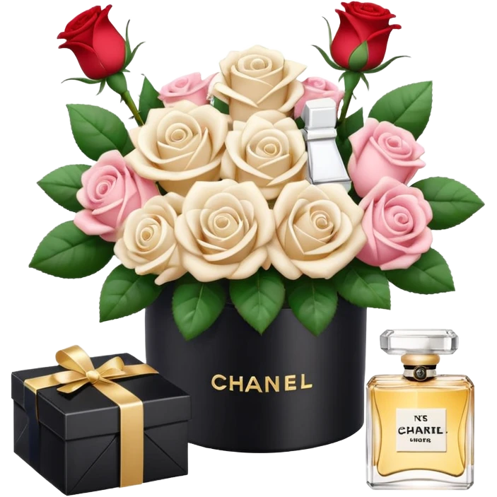 Cute white aesthetic emoji stickers set, including roses bouquet, engagement ring box, envelope with flowers, Chanel perfume, 3D render, glossy texture, delicate details, minimalist background, sticker style,  emoji