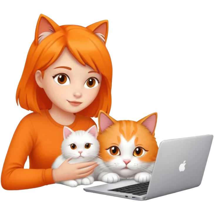 A girl is working on a laptop with a cat lying next to it emoji
