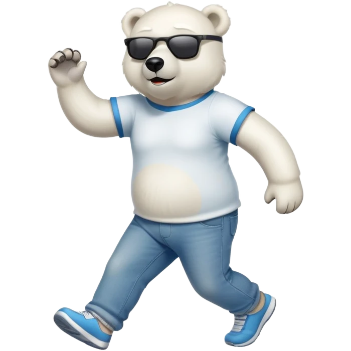 friendly anthropomorphised polar bear in jeans and a t-shirt, wearing dark sunglasses, jogging upright, standard pose emoji