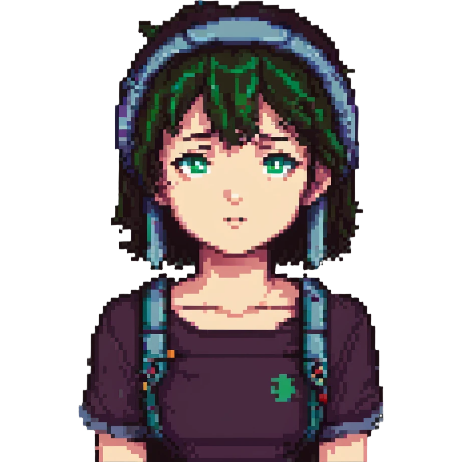 Lain Iwakura with neutral expression, glitchy background, pixel art style emoji