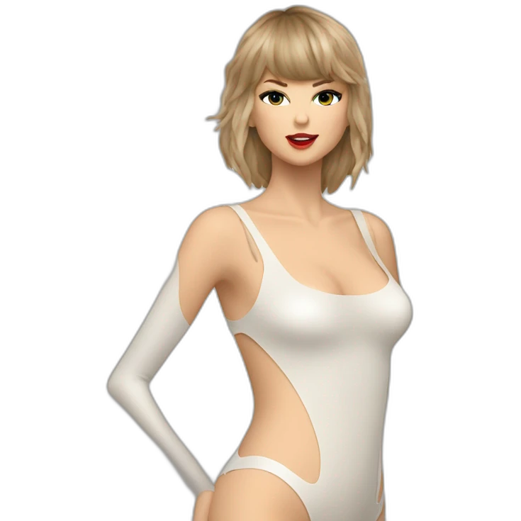 Taylor swift in a flush translucent torn apart bodysuit looking left lower third emoji