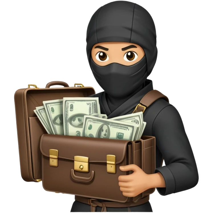 Stealthy ninja holding open money briefcase showing cash inside emoji