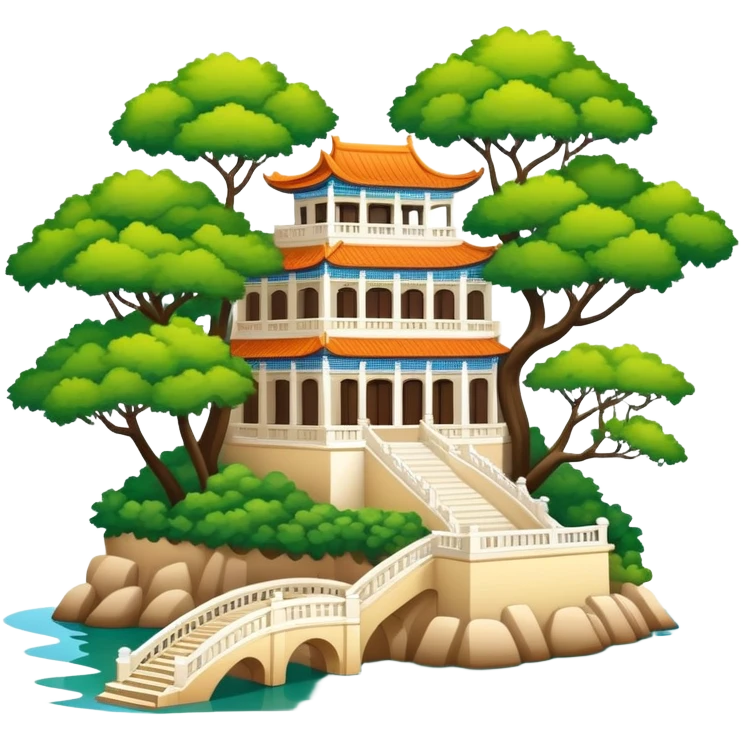 Xiamen Gulangyu Island with shady trees and colonial buildings, simplified emoji style with bold outlines and bright colors, cartoon style island with piano shape emoji