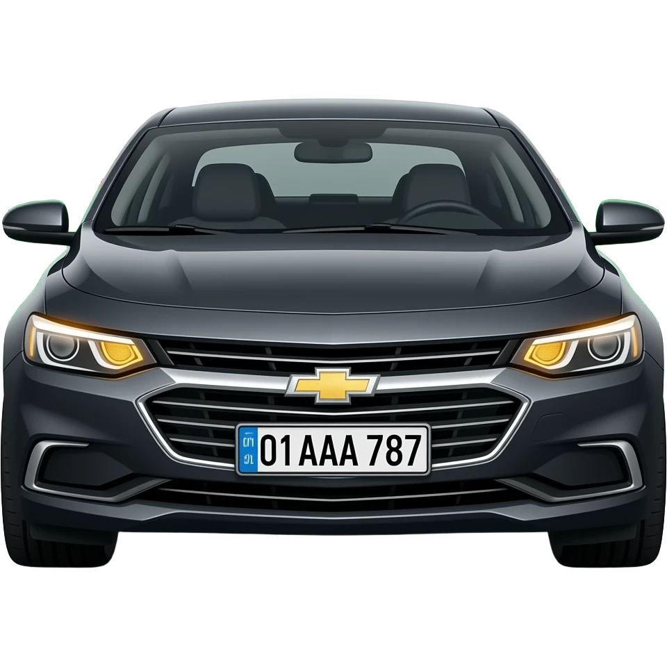 A realistic icon emoji of a metallic black sedan Chevrolet Malibu 2.0L Turbo Premier, dark charcoal tint windows, black alloy 5-spoke rims, Dynamic amber glow LED headlights with sharp laser-beam effect, uzbekistan flag region, number texts "01 | AAA 787" in plate emoji