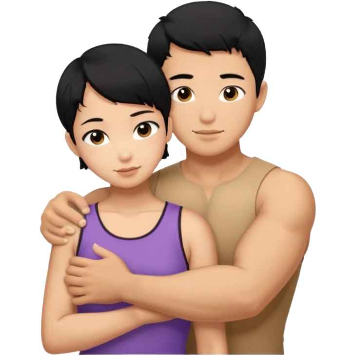 buff Asian Man black hair hugging girl with black pixie cut  emoji