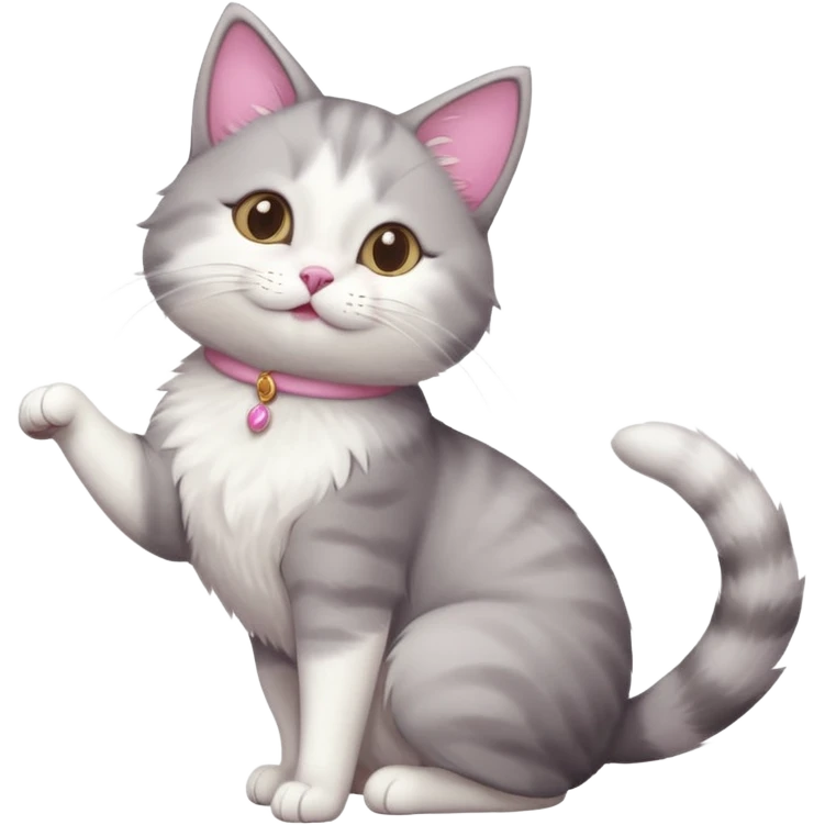 grey and white cat doing a big long stretch reaching up into the air emoji