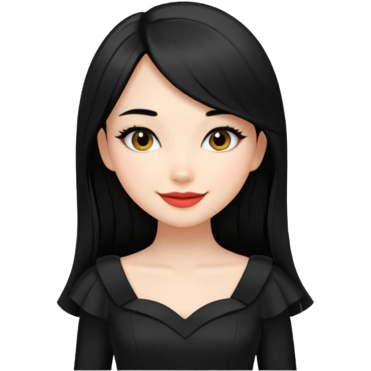 Juni – Cewe ramah  Kulit putih bersih, rambut hitam panjang sleek lurus. Pakai peplum item .  tatapan percaya diri senyum. setengah badan makeupnya bold emoji