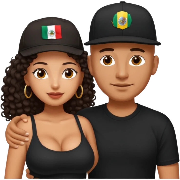 A picture of an embracing tanned couple. the man is a Mexican man with tanned skin, with a bald hair cut wearing a SnapBack hat and a black shirt. the woman is shorter, with long curly dark brown hair and with big boobs   emoji