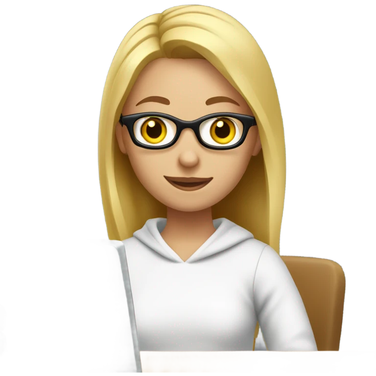 A girl tutor with glasses and blonde hair is sitting at a computer in a white sweatshirt emoji